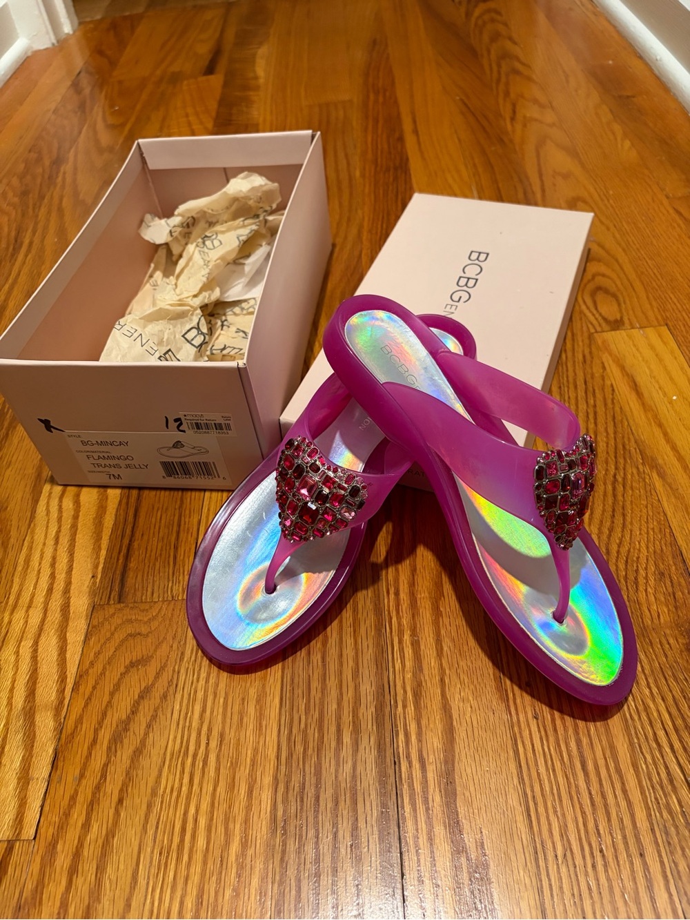 BCBGeneration Hot Pink Jeweled Holographic Jelly Thong Sandals
